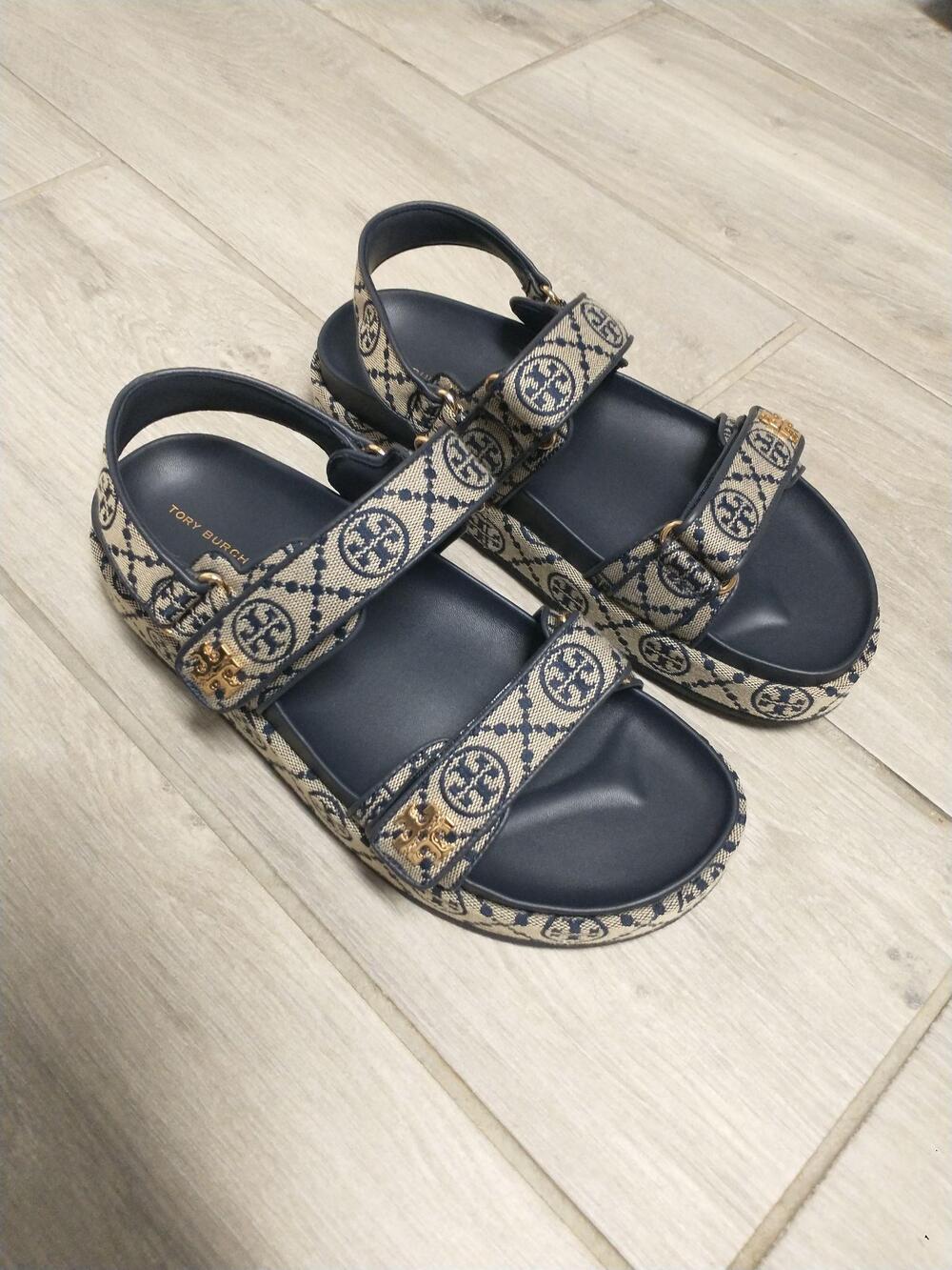 Tory Burch T Monogram Kira Sport Sandals Womens 10 Blue Jacquard Leather